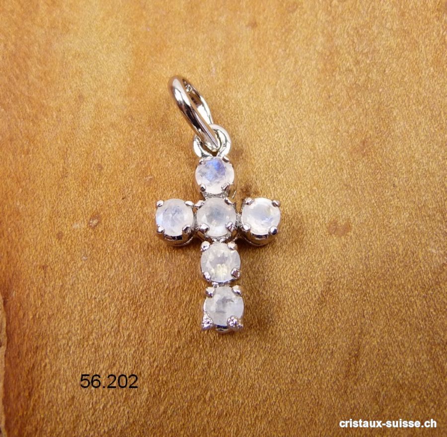 Pendentif petite CROIX Pierre de Lune arc-en-ciel en argent 925