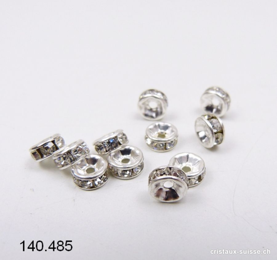 Intercalaire Rondelle avec Strass, métal argenté 6 mm