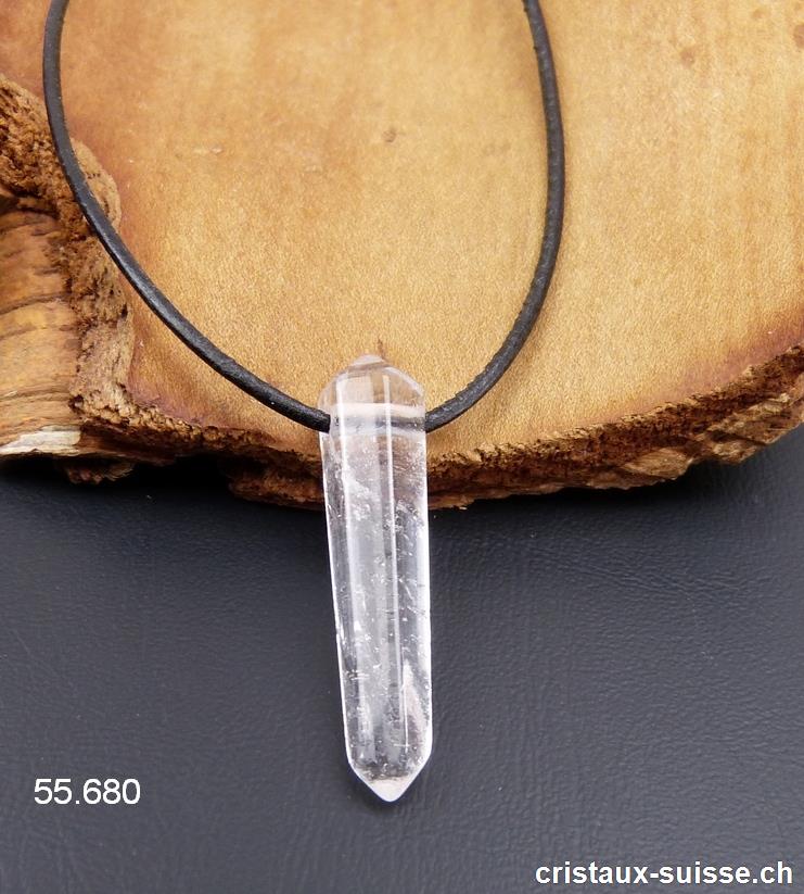 Cristal de roche percé, taille biterminée 3,5 cm avec cordon en cuir à nouer. OFFRE SPECIALE