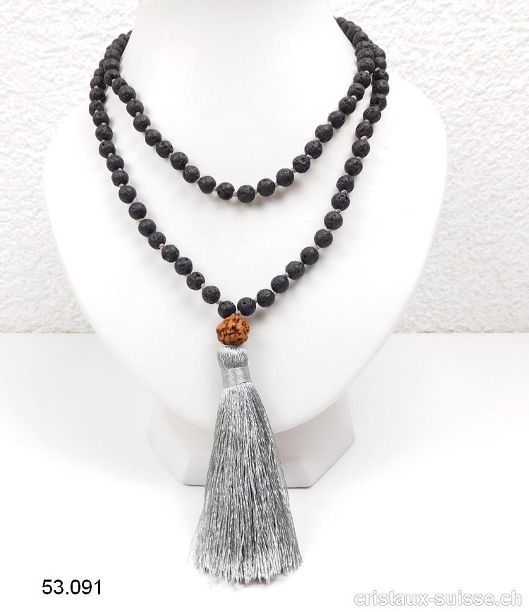 Collier Lave - Mala noué 108 perles / 80 cm, avec Rudraksha et Pompon argenté