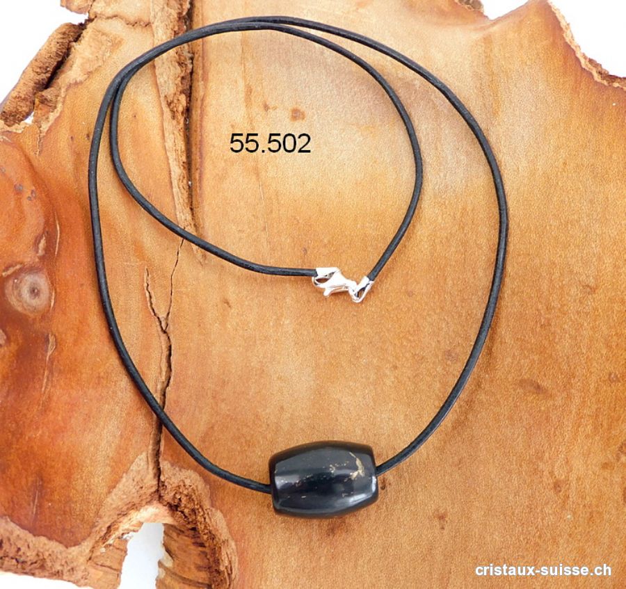 Schungite cylindre percé avec collier en cuir 45 cm, fermoir en argent.