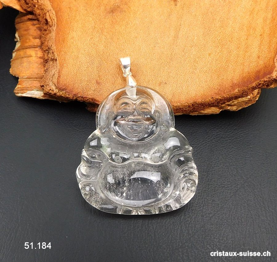 Pendentif Cristal de Roche Bouddha avec boucle argent 925. Qual. A