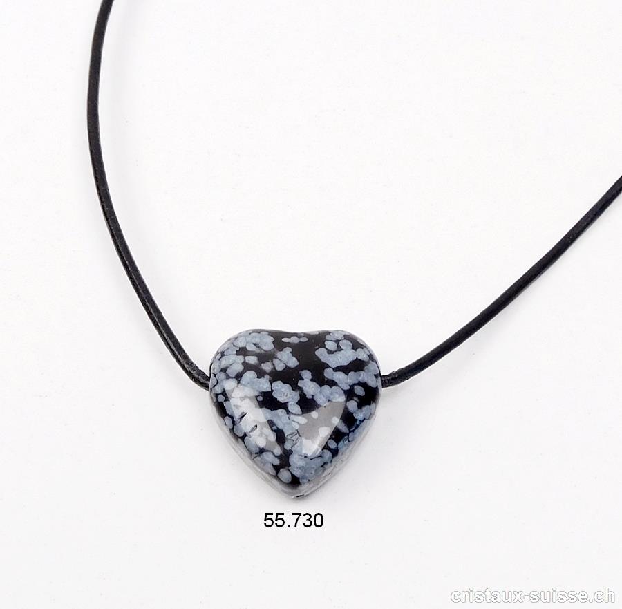 Obsidienne Flocons de Neige, coeur percé 2 cm avec cordon cuir à nouer