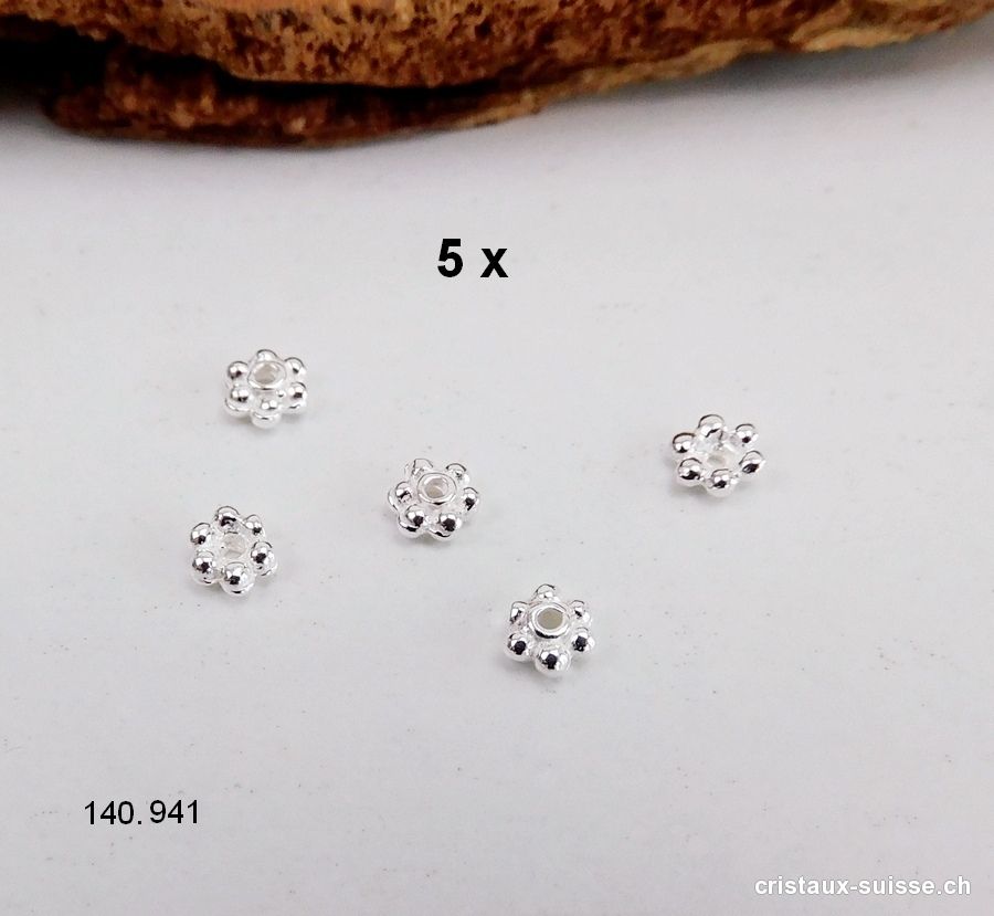 Lot 5 mini Fleurs percées 4 mm, Intercalaire en argent 925. Offre Spéciale