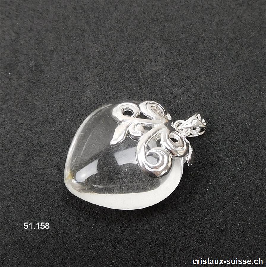 Pendentif Cristal de Roche Coeur bombé 2,5 cm, argent 925