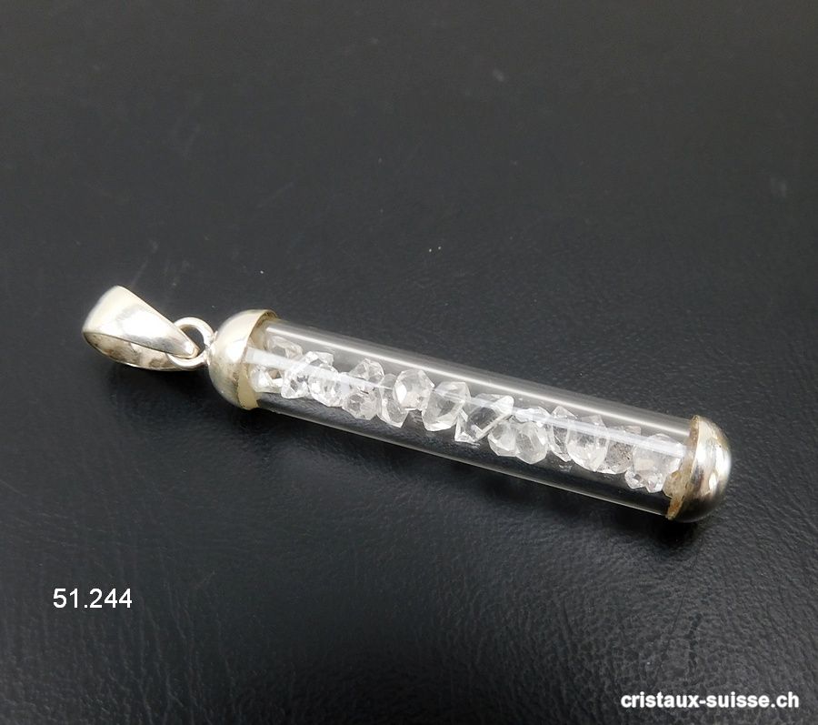 Pendentif Herkimer Diamant biterminé et argent 925, 4 x 0,7 cm