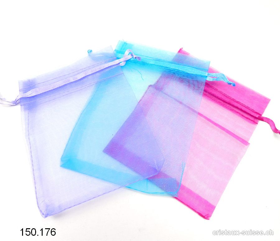 Lot 3 Sachets organza bleu-fuchsia-violet 12 x 8,5 cm. OFFRE SPECIALE