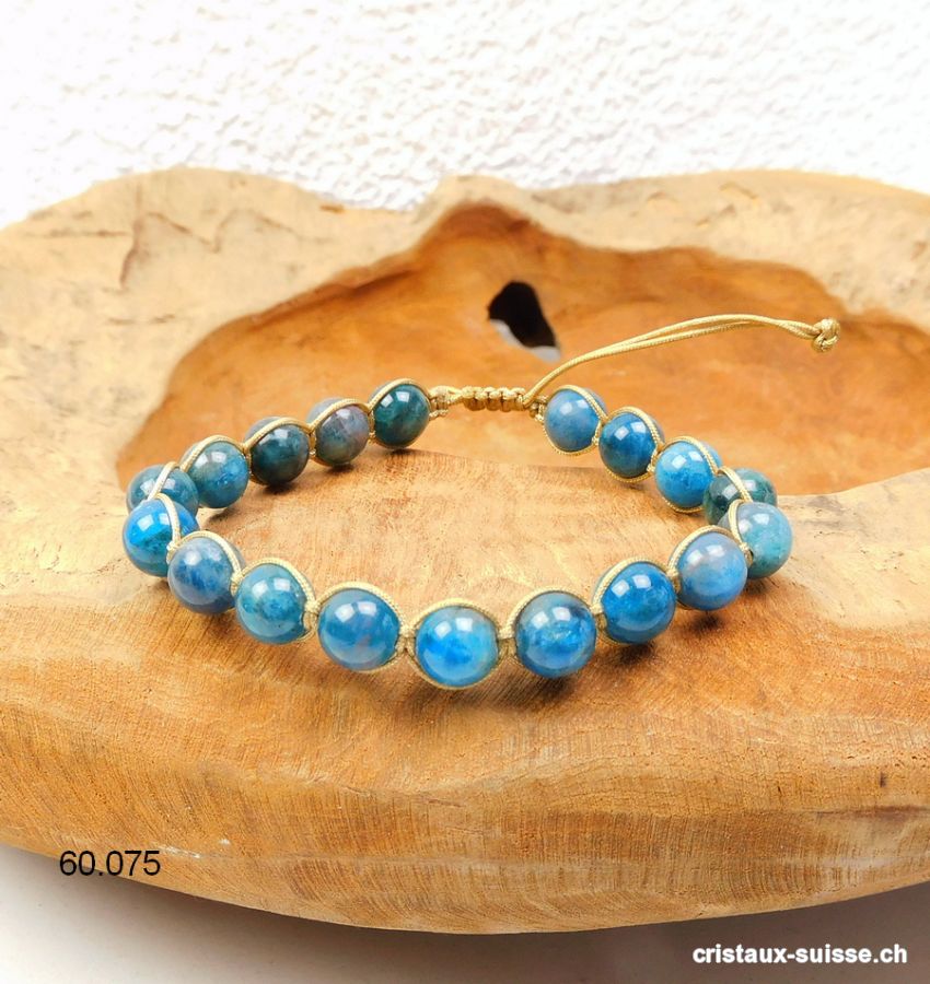 Bracelet Apatite bleue 8 mm et cordon satin doré réglable