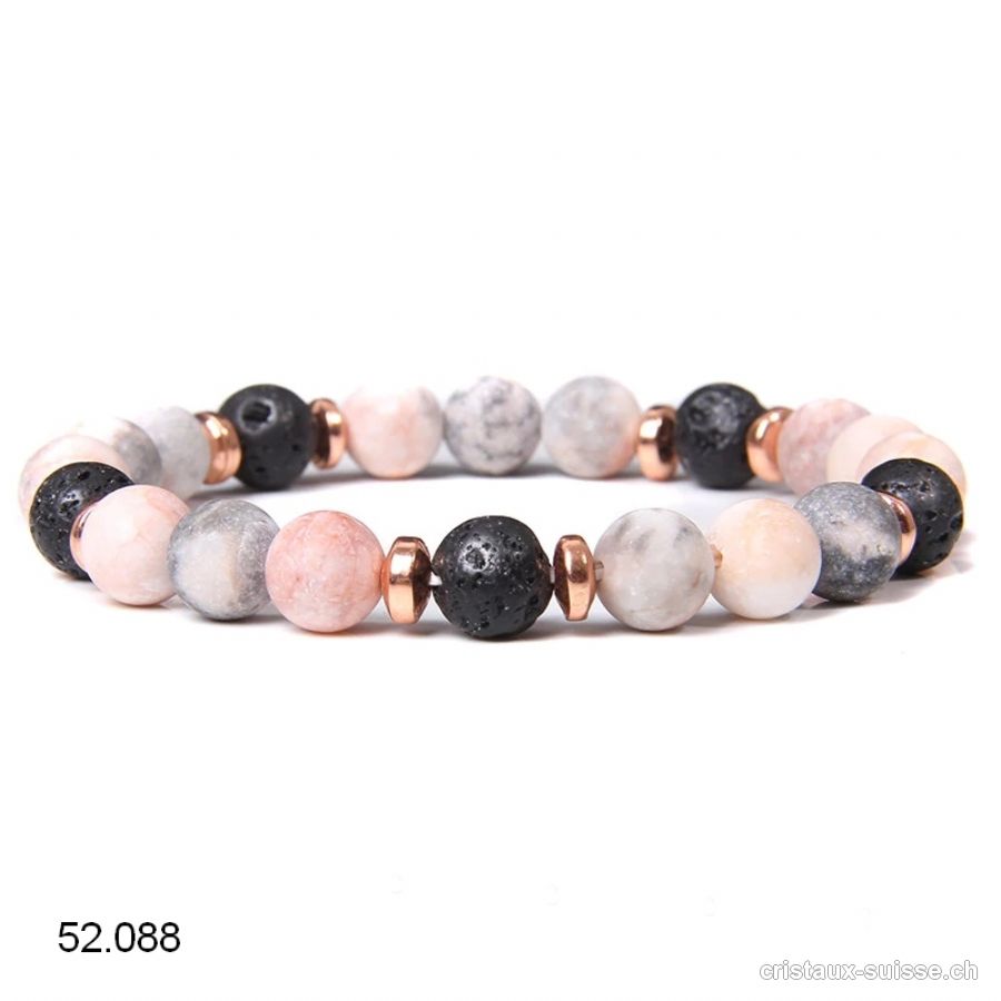 Bracelet Marbre zébré rose et gris MAT avec Lave 8 mm / 19 cm