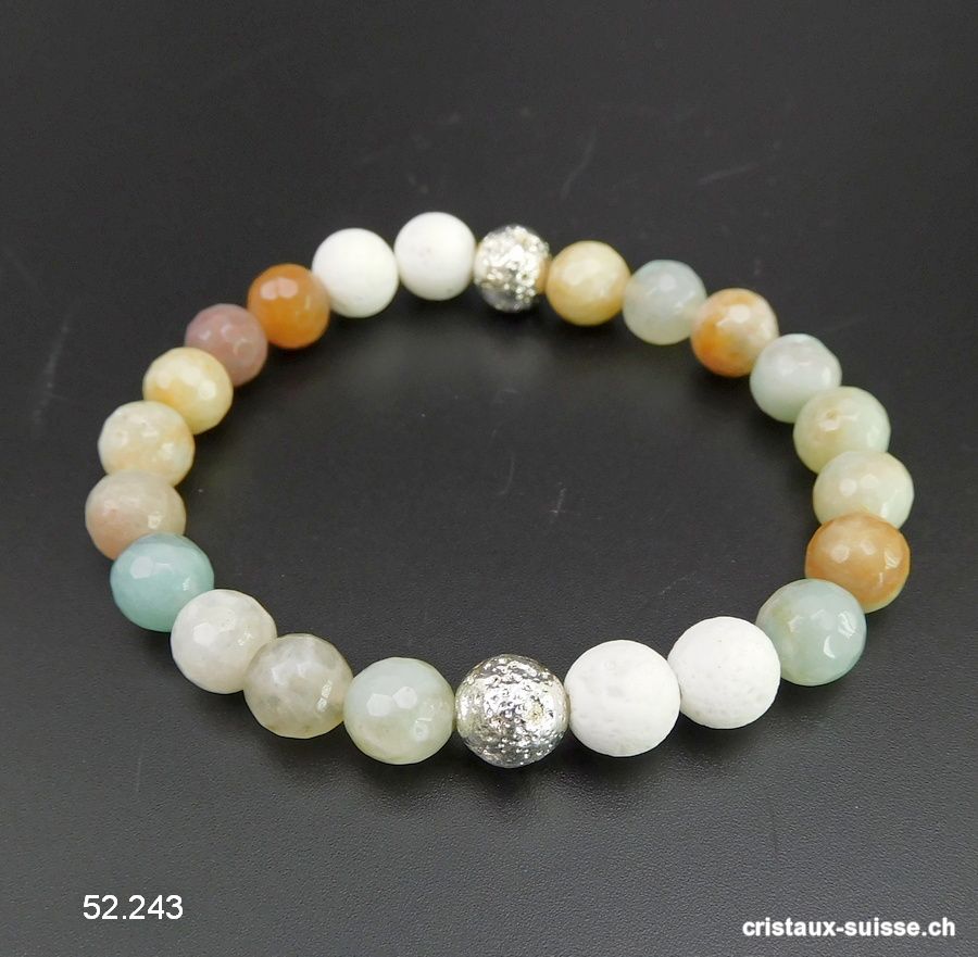 Bracelet Amazonite multicolore facettée et Lave blanche 8 mm, élastique 19 cm. OFFRE SPECIALE