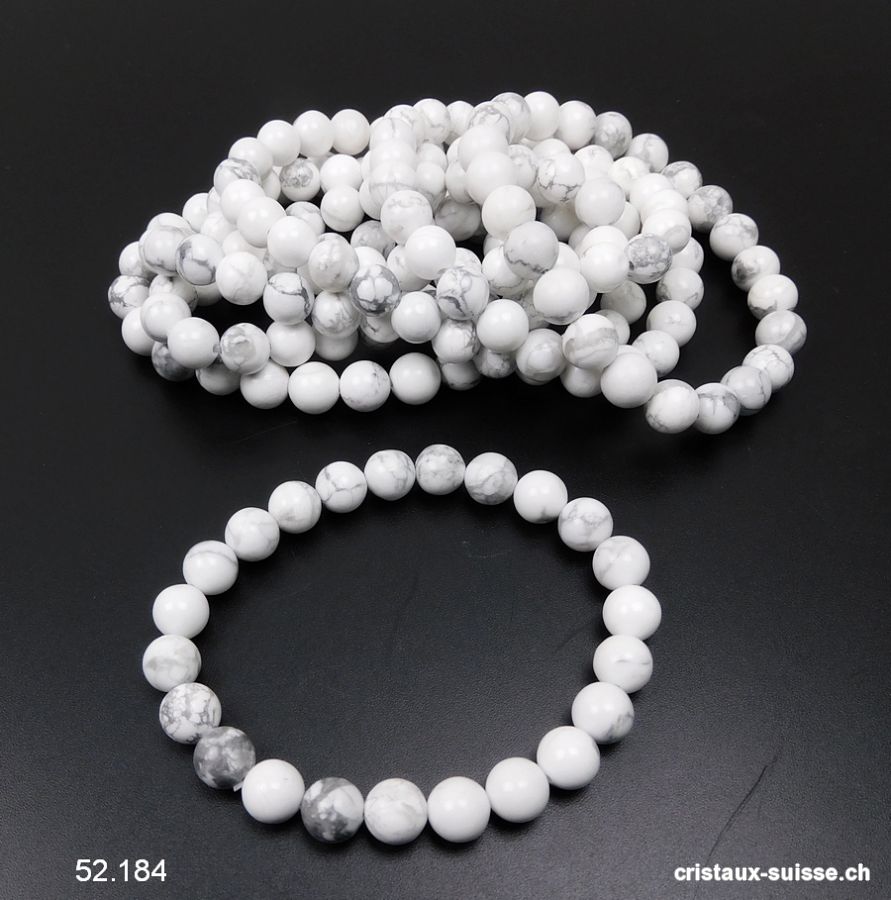 Bracelet Magnésite - Howlite blanche 8 mm, élastique 19 cm