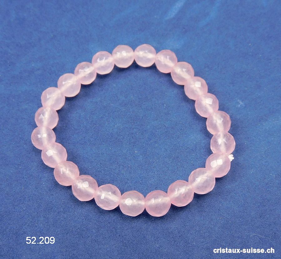 Bracelet Quartz rose FACETTÉ 8 mm, élastique 18 cm. Taille M