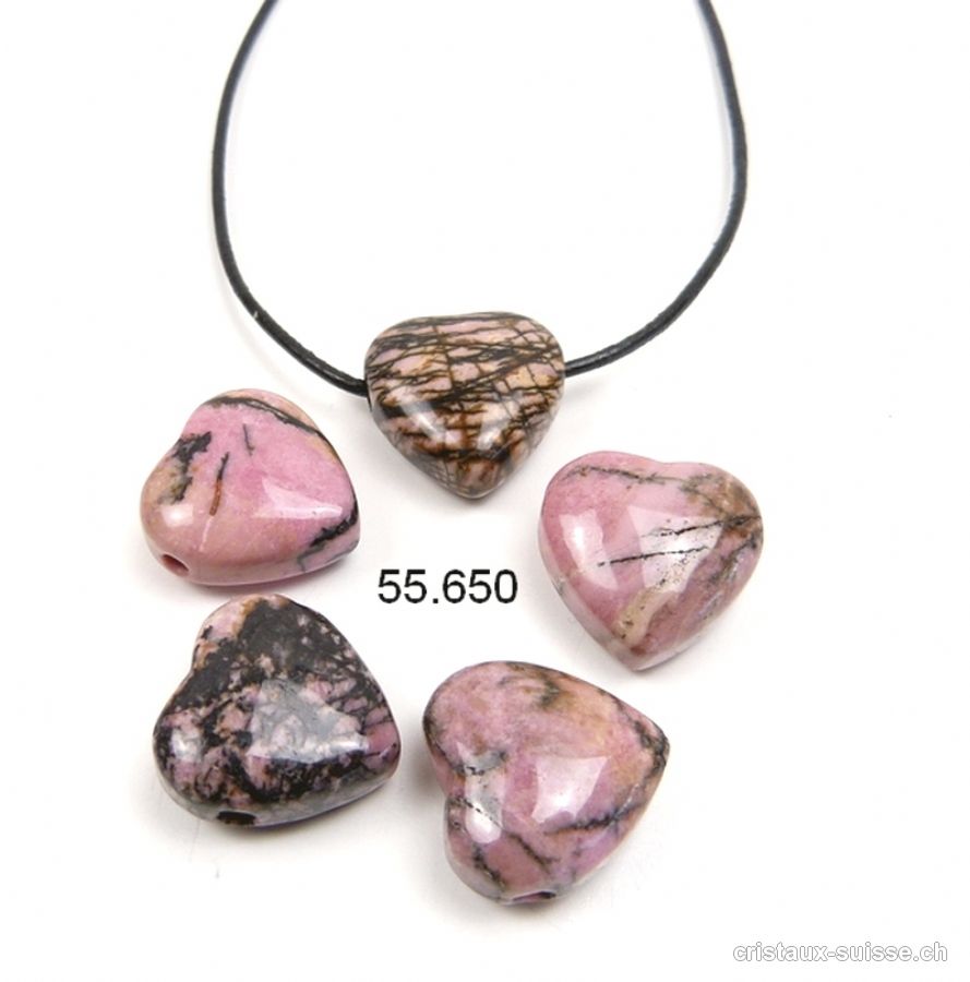 Rhodonite coeur percé 2 cm, avec cordon en cuir à nouer