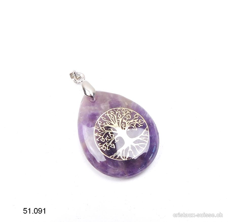 Pendentif Améthyste goutte avec Arbre de Vie 3 x 2,5 cm