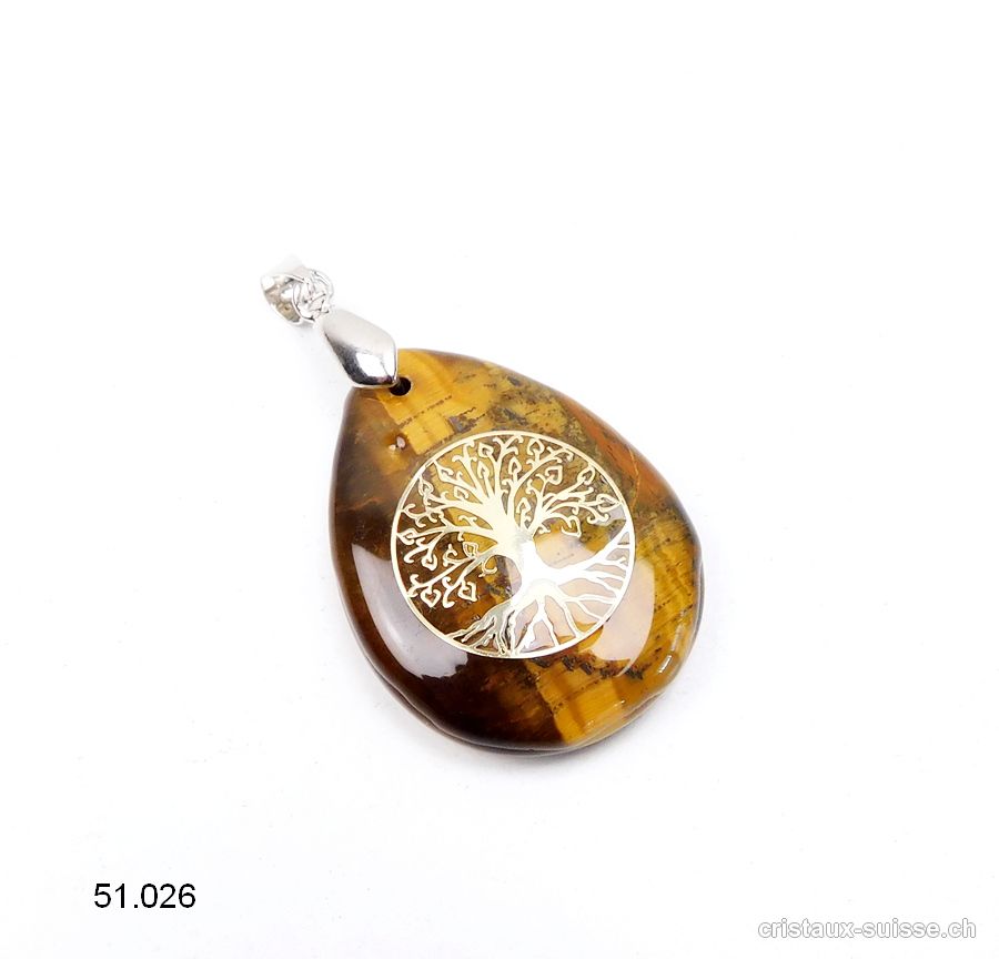 Pendentif Oeil de Tigre, goutte avec Arbre de Vie 3 x 2,5 cm