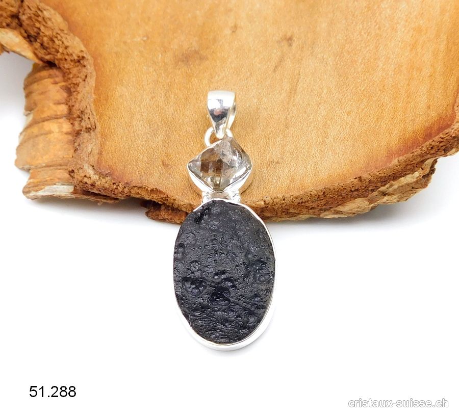 Pendentif Tectite et Diamant Herkimer en argent 925. Pièce unique