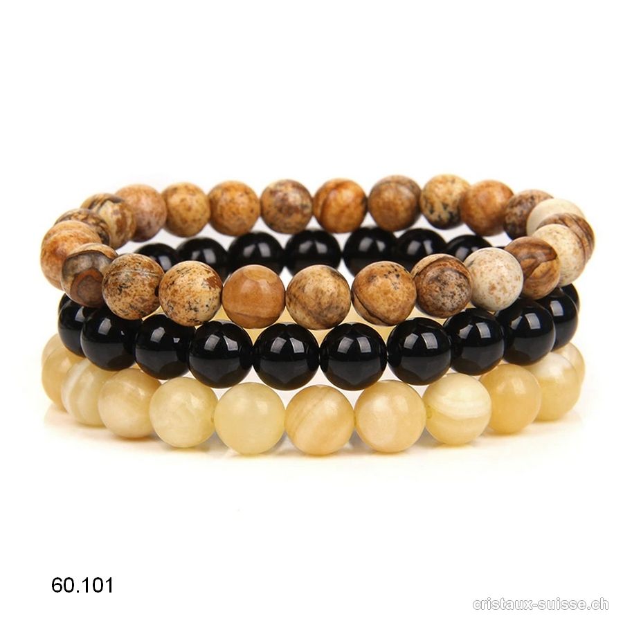 3 Bracelets Calcite jaune - Onyx noir - Jaspe Paysage 8 mm / 21 cm