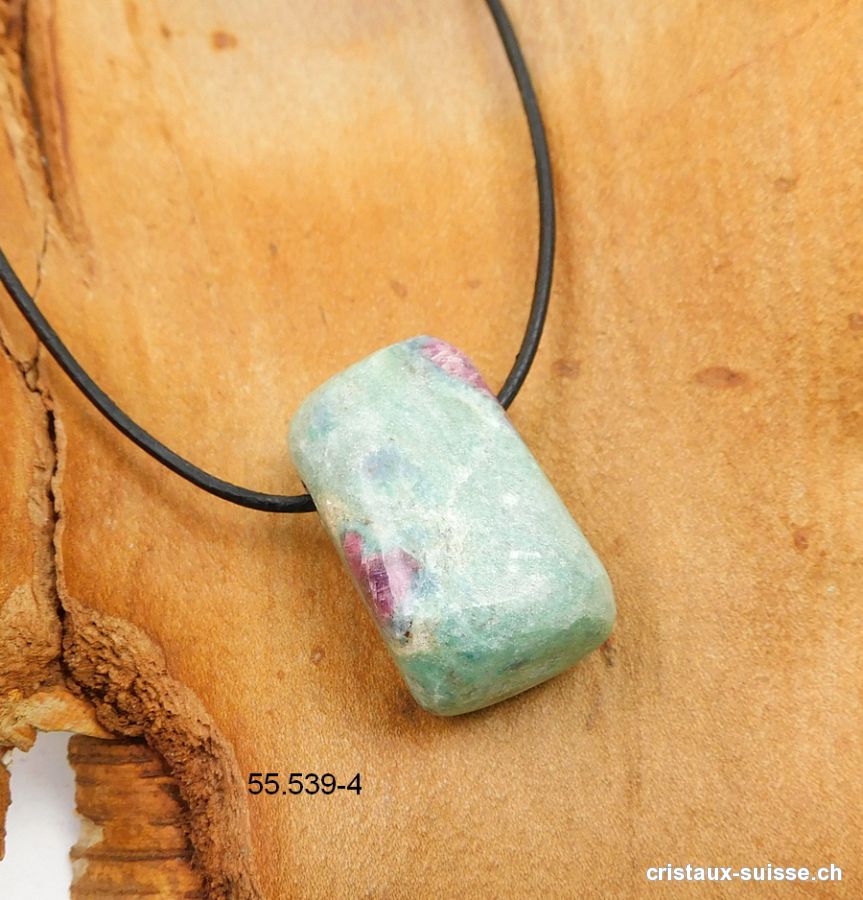 Rubis - Fuchsite percée avec cordon cuir noir à nouer. Pièce unique