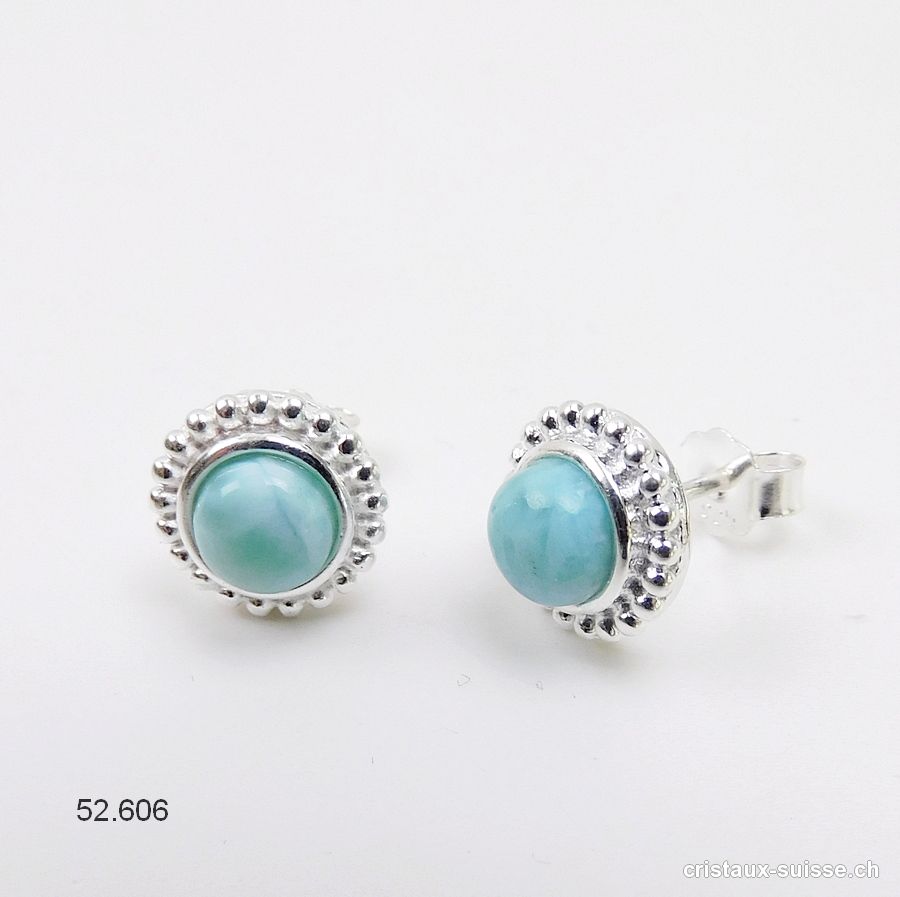 Clous d'oreilles Larimar cabochons 10 mm en argent 925