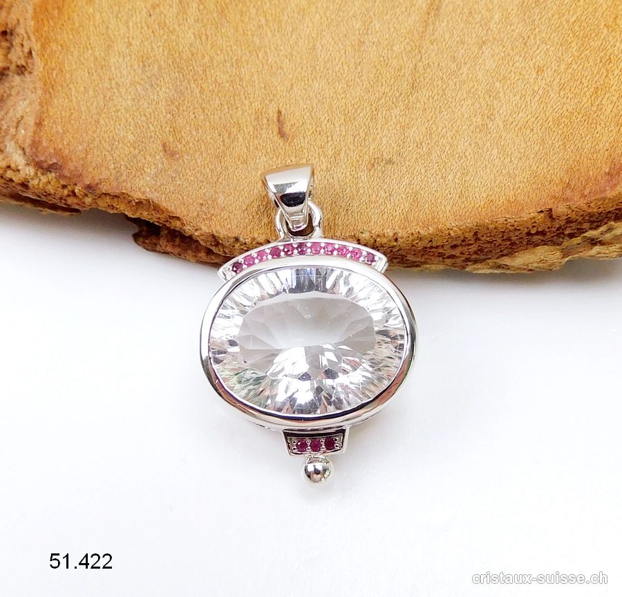 Pendentif Cristal de Roche et Rubis en argent 925 rhodié