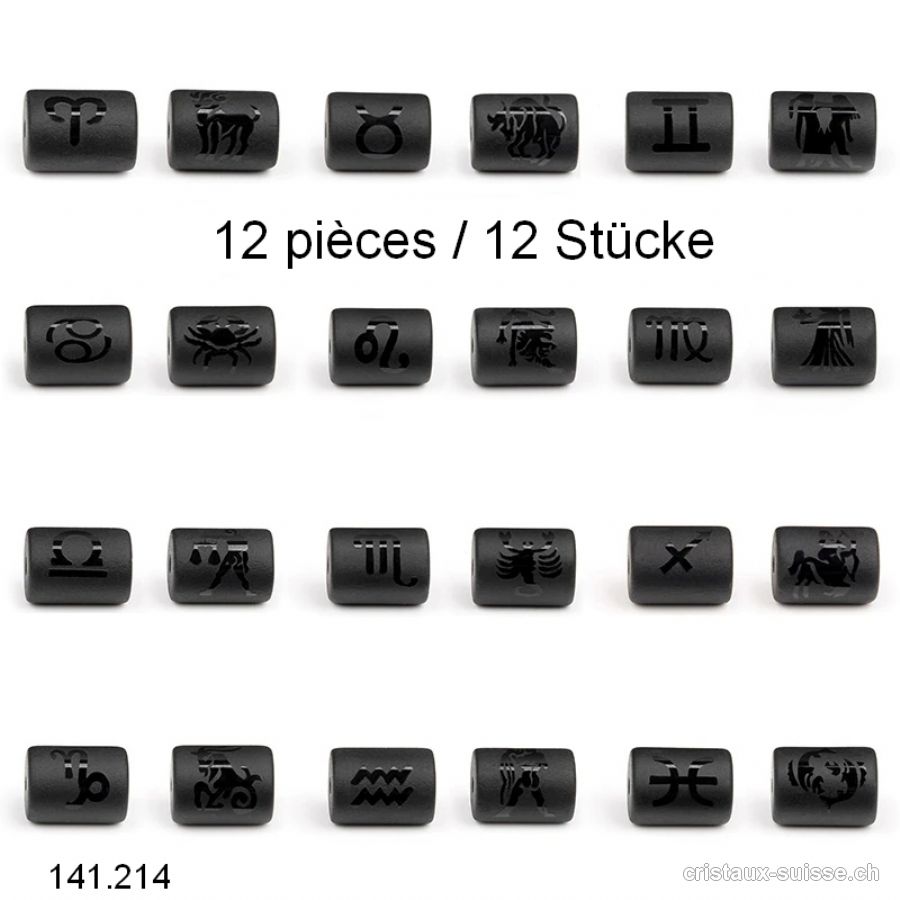 12 x Obsidienne noire Tubes 14 x 10 mm percés, 12 signes astrologiques