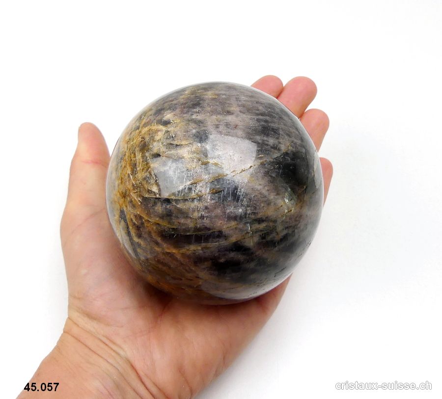 Boule Pierre de Lune noire de Madagascar Ø 8,5 cm. Pièce unique