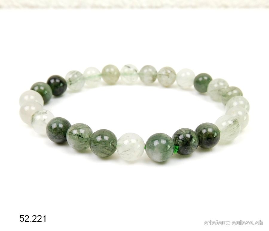 Bracelet Quartz - Actinolite 8 mm, élastique 19 cm