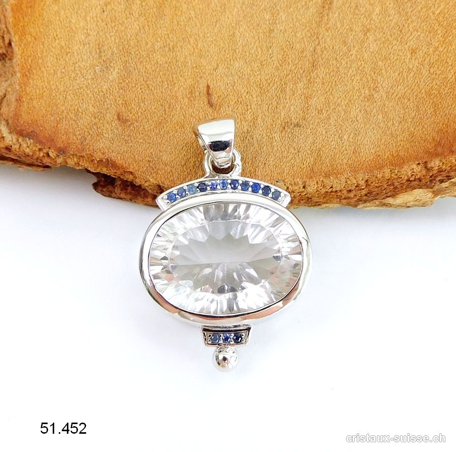 Pendentif Cristal de Roche et Saphir en argent 925 rhodié