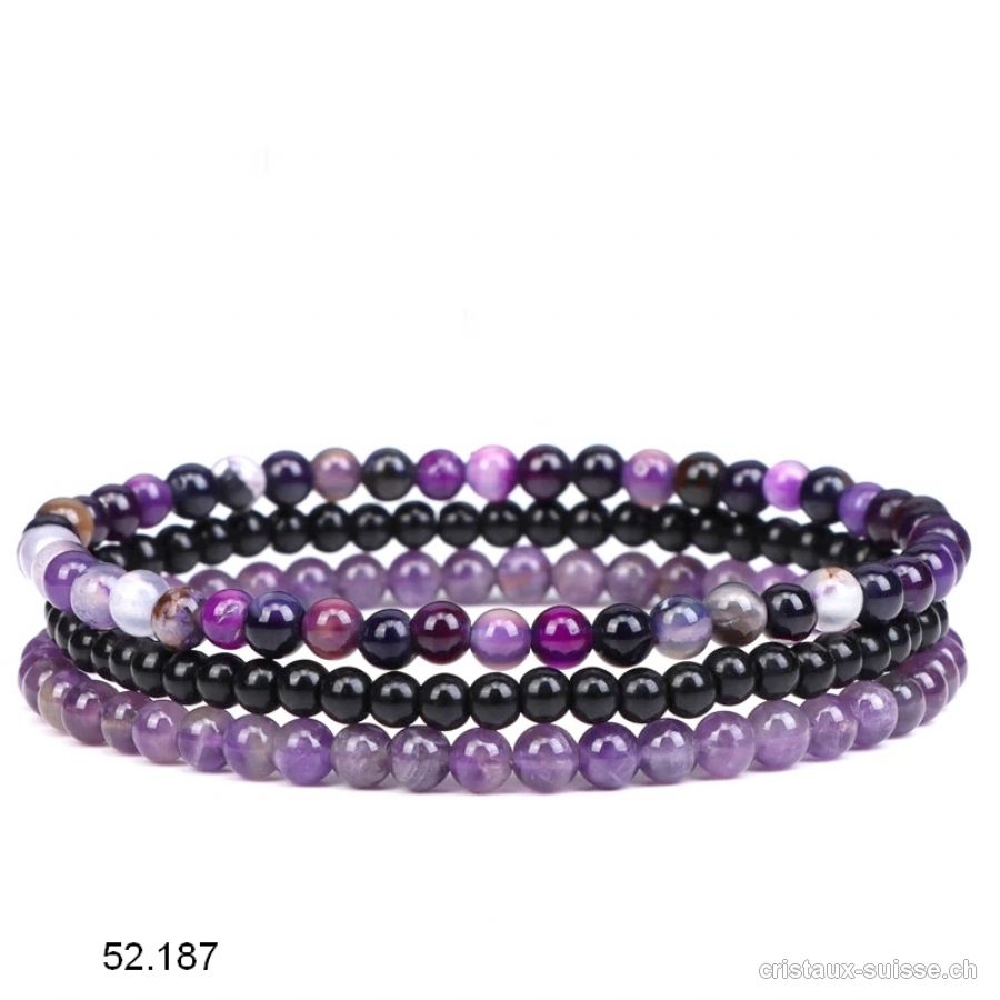 3 bracelets SPIRITUALITÉ, Améthyste - Onyx noir - Agate violette. Offre Spéciale