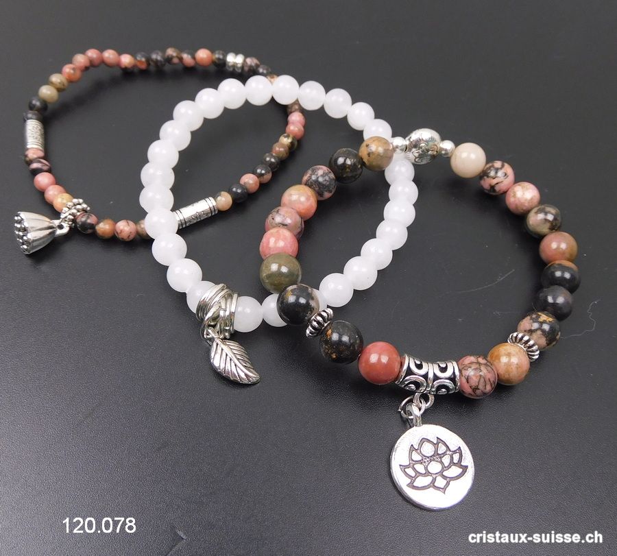 3 bracelets APAISEMENT, Rhodonite et Jade blanc. Offre Spéciale