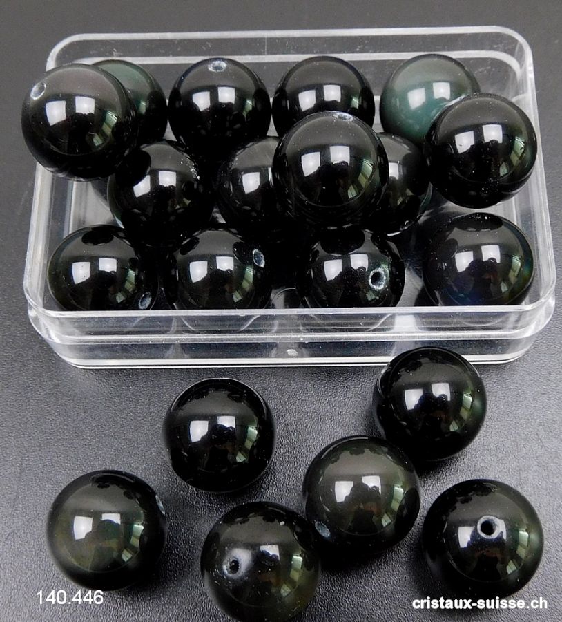 Obsidienne noire - arc-en-ciel, boule percée 12 mm