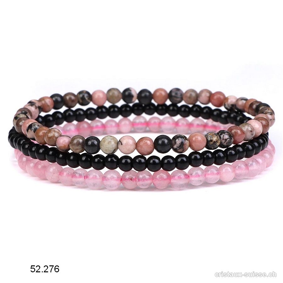 3 bracelets EQUILIBRE EMOTIONNEL, Onyx noir, Rhodonite et Quartz rose. Offre Spéciale