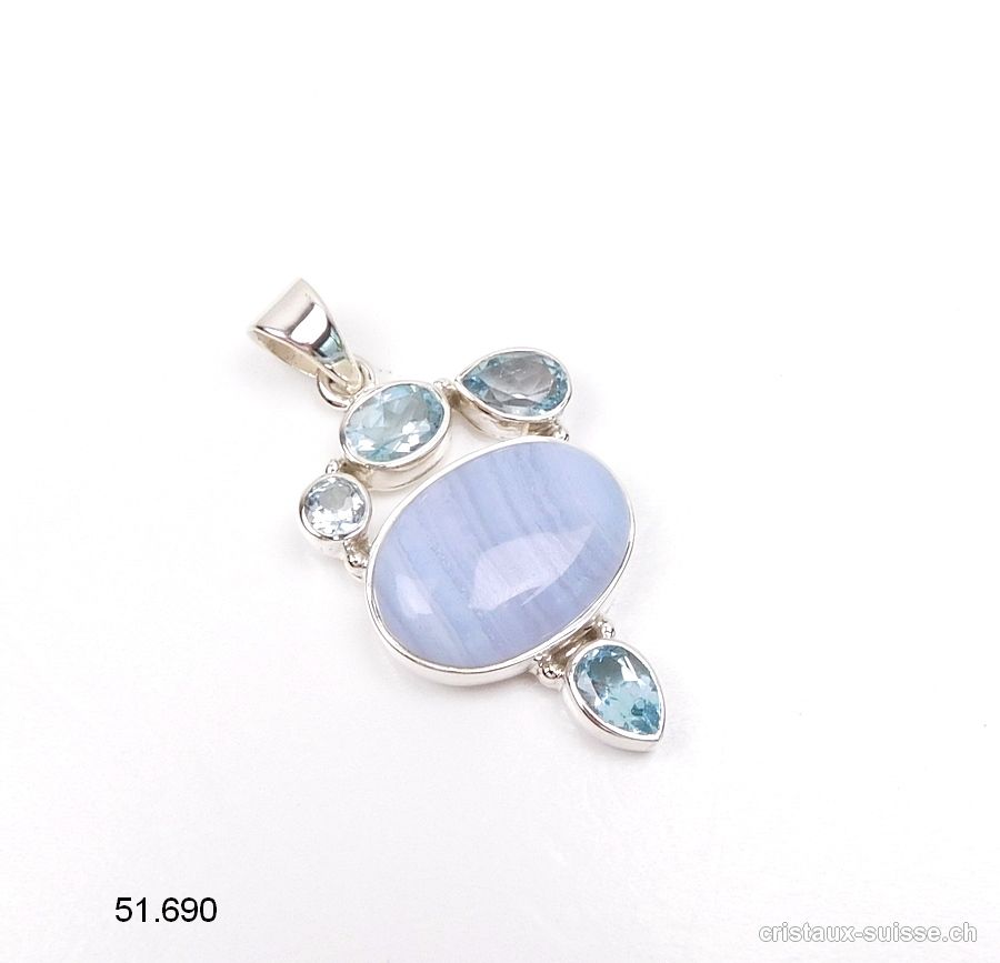 Pendentif Calcédoine bleue rubanée, Topaze bleue en argent 925. Pièce unique