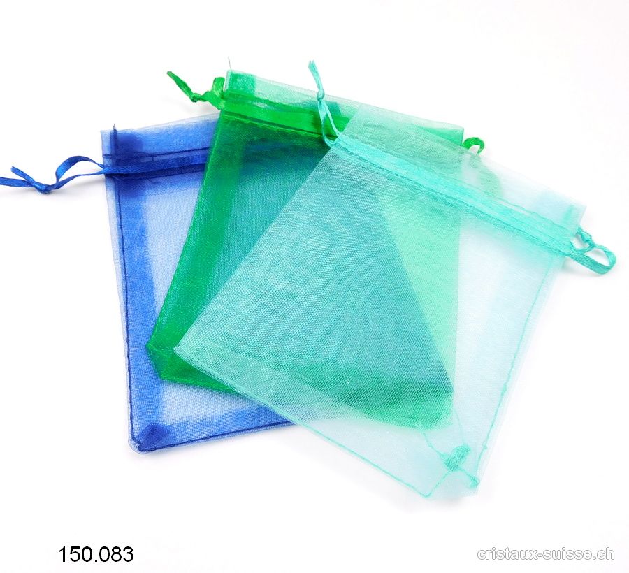 Lot 3 Sachets organza bleu - vert foncé - vert clair 11 x 8,5 cm. OFFRE SPECIALE