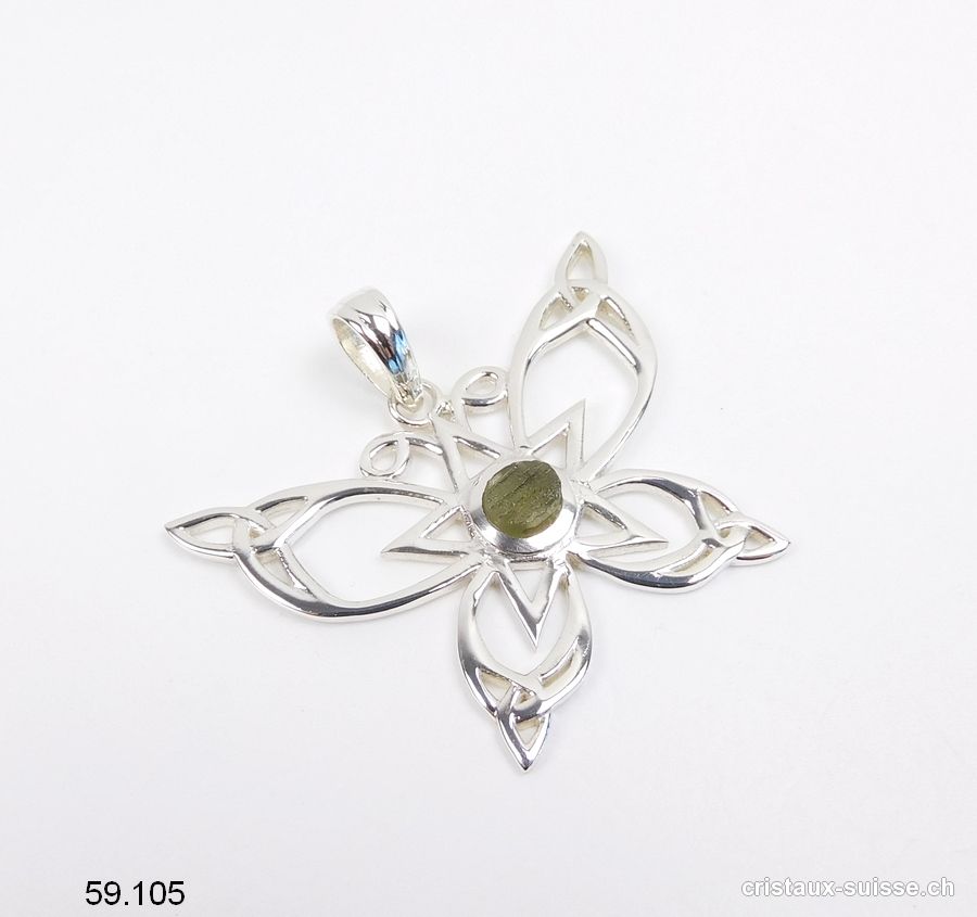 Pendentif Moldavite brute - PAPILLON en argent 925