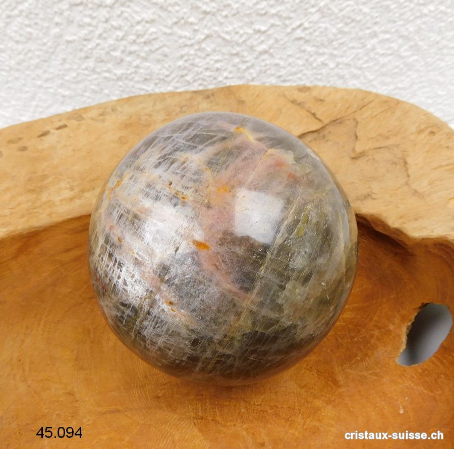 Boule Pierre de Lune noire de Madagascar Ø 8,5 cm. Pièce unique