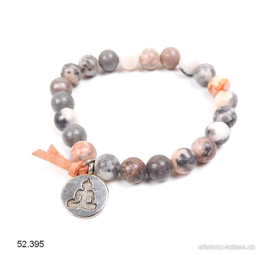 Bracelet Marbre zébré gris et rose 8,5 mm / 18 - 19 cm. Avec charm BOUDDHA