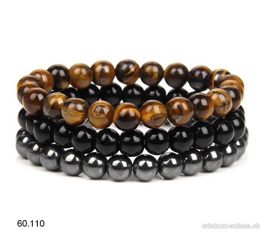 3 bracelets ENRACINEMENT et PROTECTION - Onyx, Oeil de Tigre, Hématite