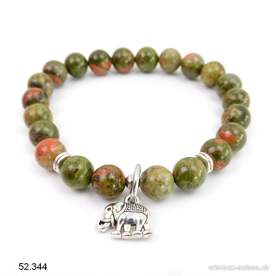 Bracelet Unakite - épidote 8,5 mm / 19 cm. AVEC ELEPHANT. Offre Spéciale