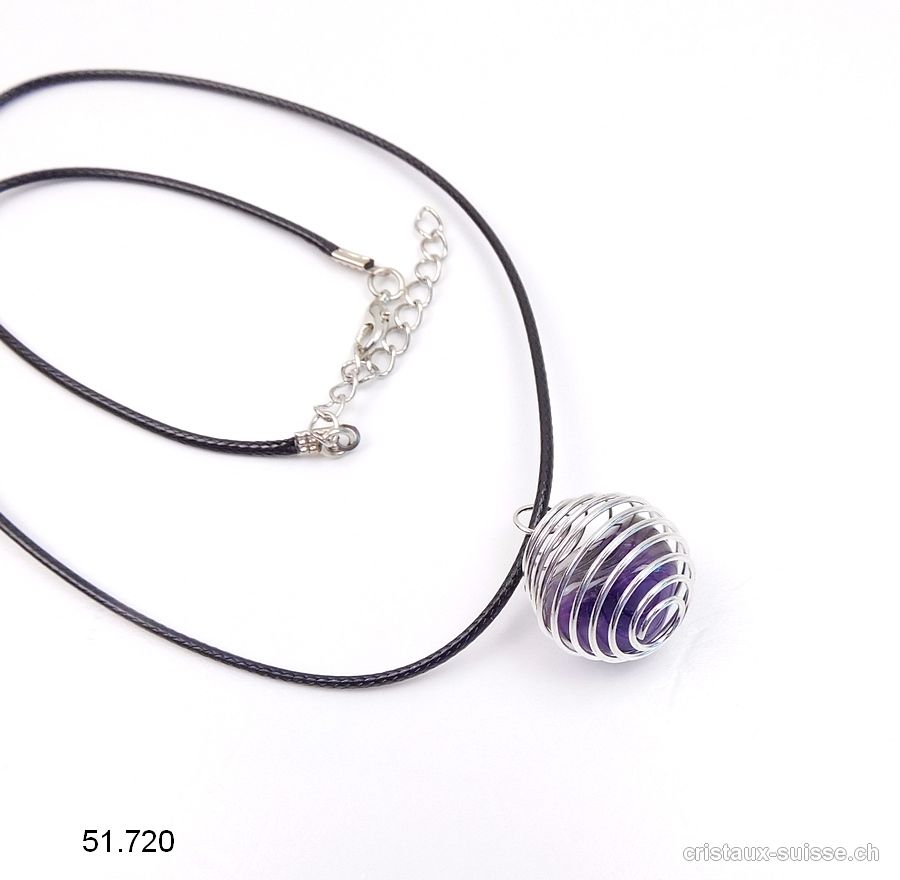 Pendentif Améthyste Spirale métal et chaîne Lederlook. OFFRE SPECIALE