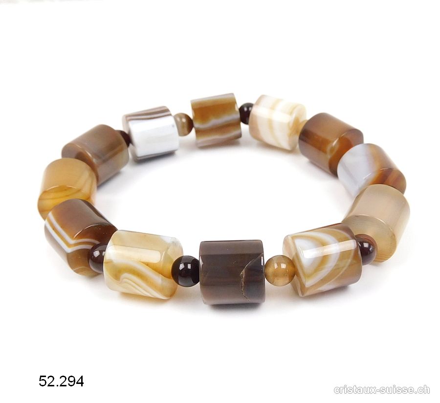Bracelet Agate Café à bandes 12 mm, élastique 20 - 21 cm