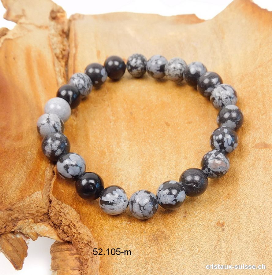 Bracelet Obsidienne Flocons de Neige 8 - 9 mm / 18 cm. Taille M