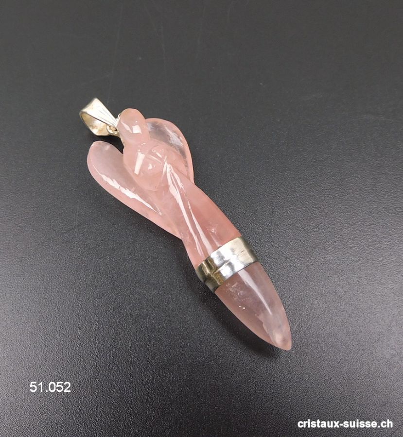 Pendentif Quartz rose Ange 5,5 cm en argent 925. Pièce unique