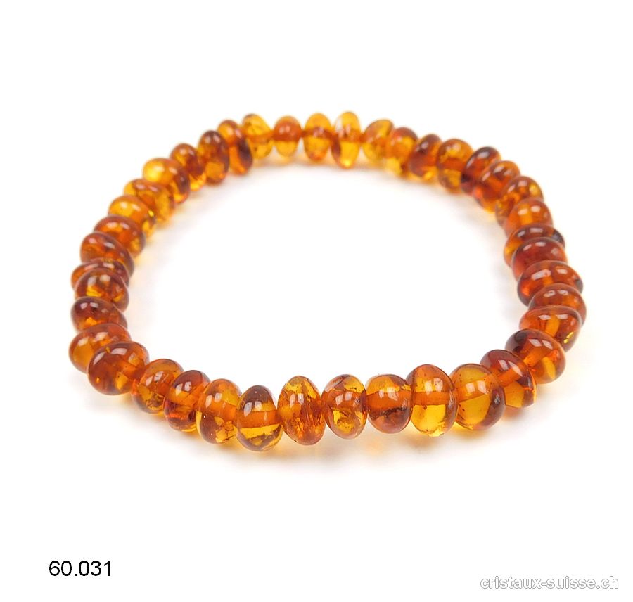 Bracelet Ambre Cognac 7 - 8 mm, élastique 18 cm. Taille SM