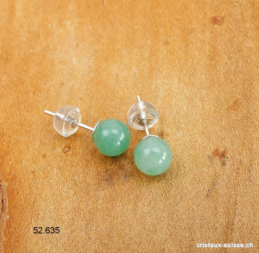 Clous d'oreille Aventurine verte, boule 6 mm en argent 925 Rhodié