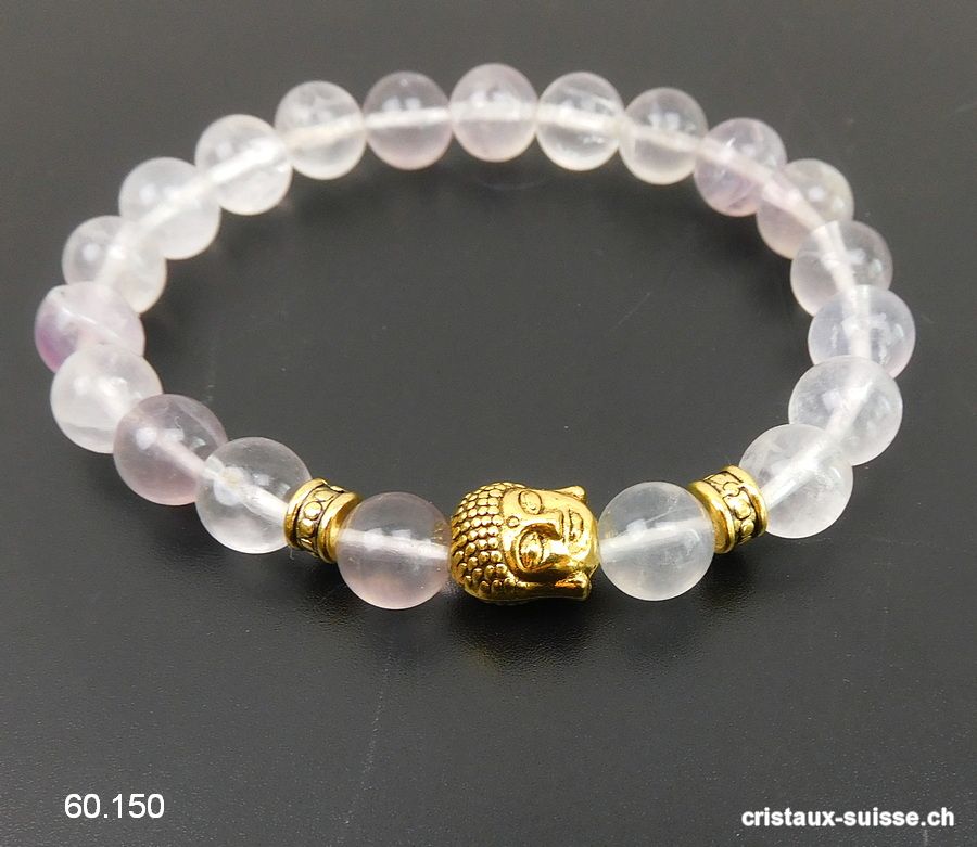 Bracelet Fluorite claire 8 - 8,5 mm/19 cm et BOUDDHA doré. Offre Spéciale