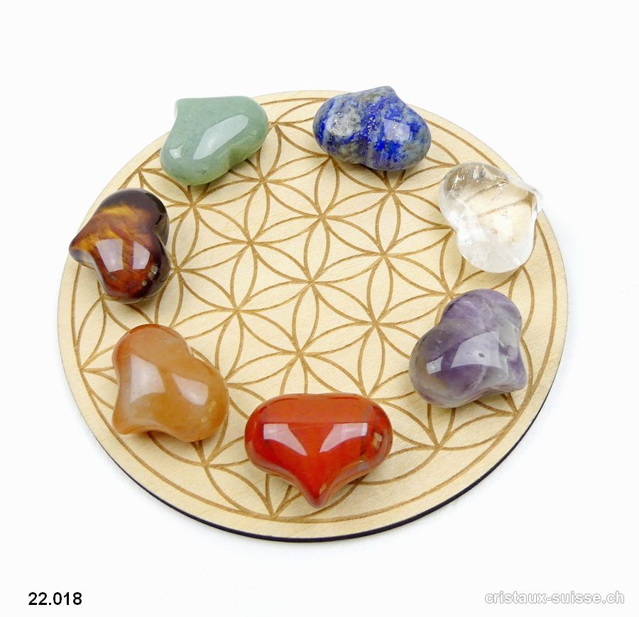 Set Chakras 7 Coeurs 2,5 cm et Plateau Fleur de Vie en bois 10 cm