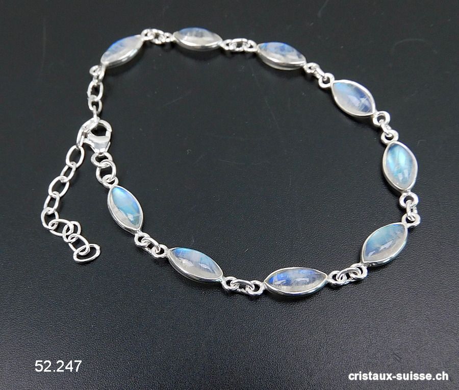 Bracelet Pierre de Lune arc-en-ciel Navette en argent 925, réglable 17 - 20 cm