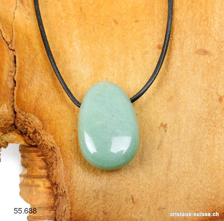 Aventurine verte 3 cm percée avec cordon cuir noir à nouer