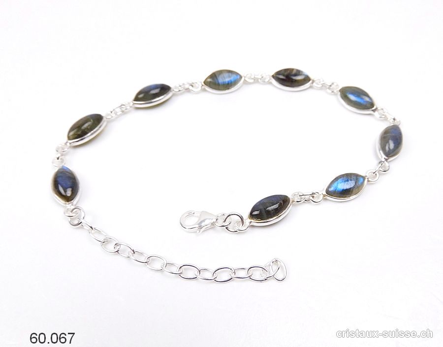 Bracelet Labradorite bleue Navette en argent 925, réglable 17 - 20 cm